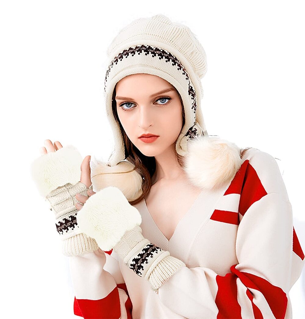 7704 Knit Beanie Winter Ski Hat Cap with Earflap Pom Glove Set,Beige